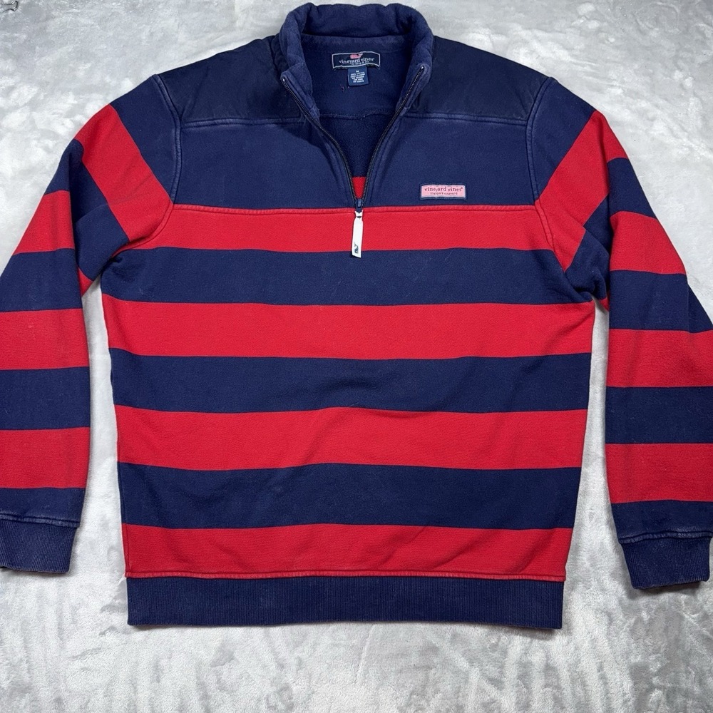 Vineyard Vines Quarter Zip Pullover Mens Medium Navy Red Striped Cotton Sweater